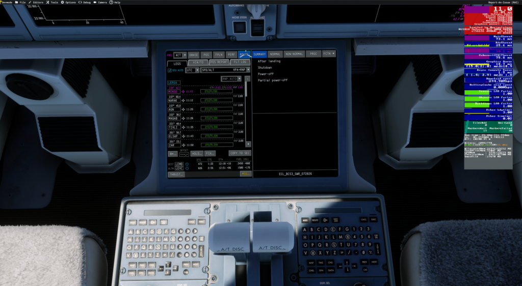 Synaptic A220 ROUTE page with MSFS Developer Mode showing an 11 FPS performance drop