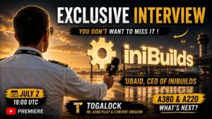 Togalock interview thumbnail with iniBuilds CEO discussing A380, A220 and future projects