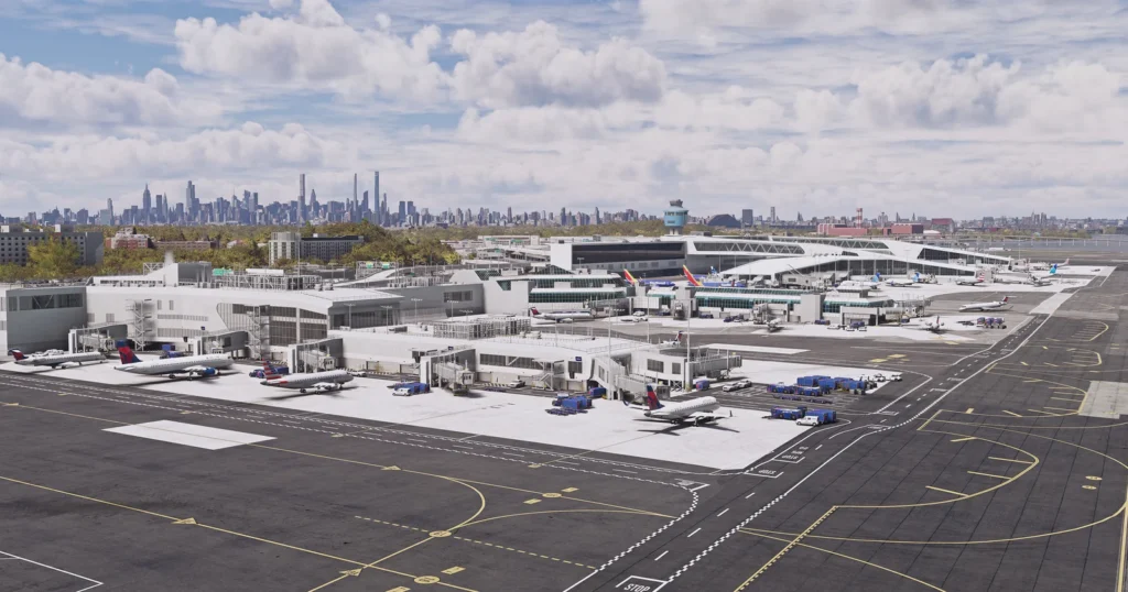 MK Studios New York LaGuardia Airport scenery in Microsoft Flight Simulator 2020 and 2024, showing the terminal complex, parked aircraft and the Manhattan skyline.