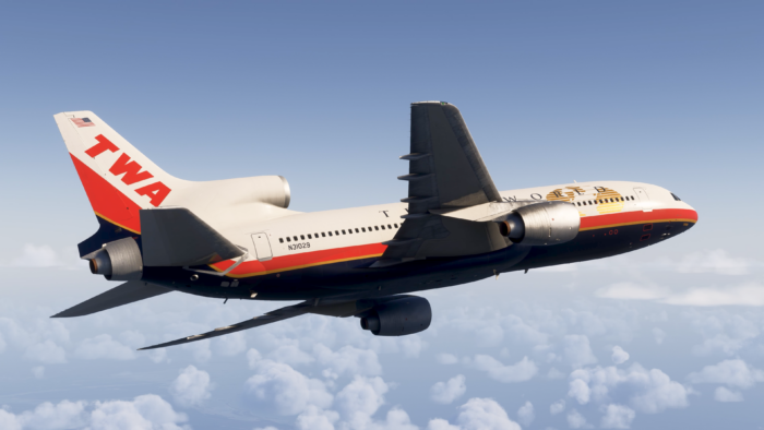 Side view of iniBuilds Tristar flying above clouds