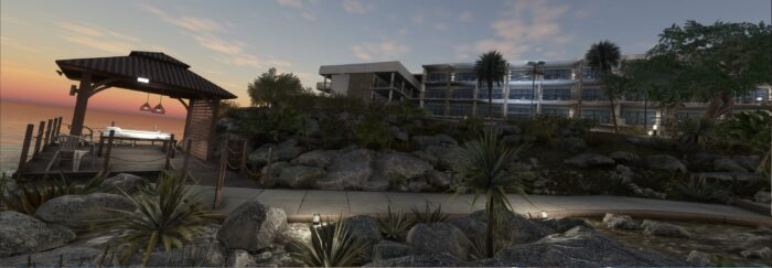 FlyTampa scenery teaser showing a Caribbean seaside resort believed to be in St Maarten near Princess Juliana International Airport