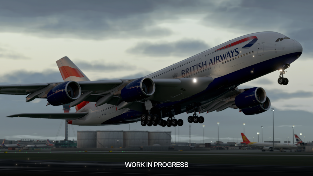iniBuilds A380 Airliner in British Airways livery taking off during MSFS 2024 development