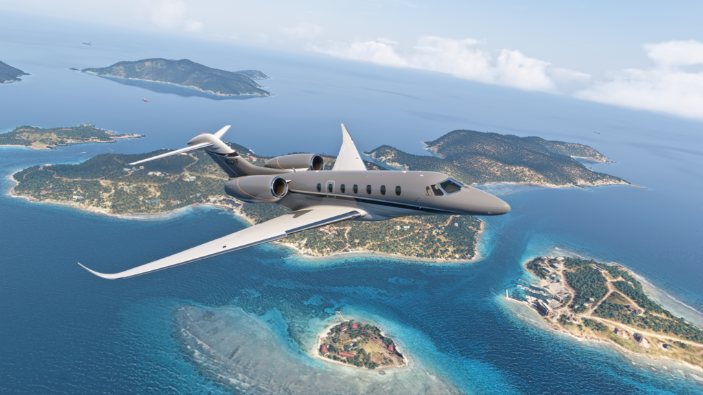 FlightFX Cessna Citation X in Microsoft Flight Simulator 2024 in flight over some tropical islands