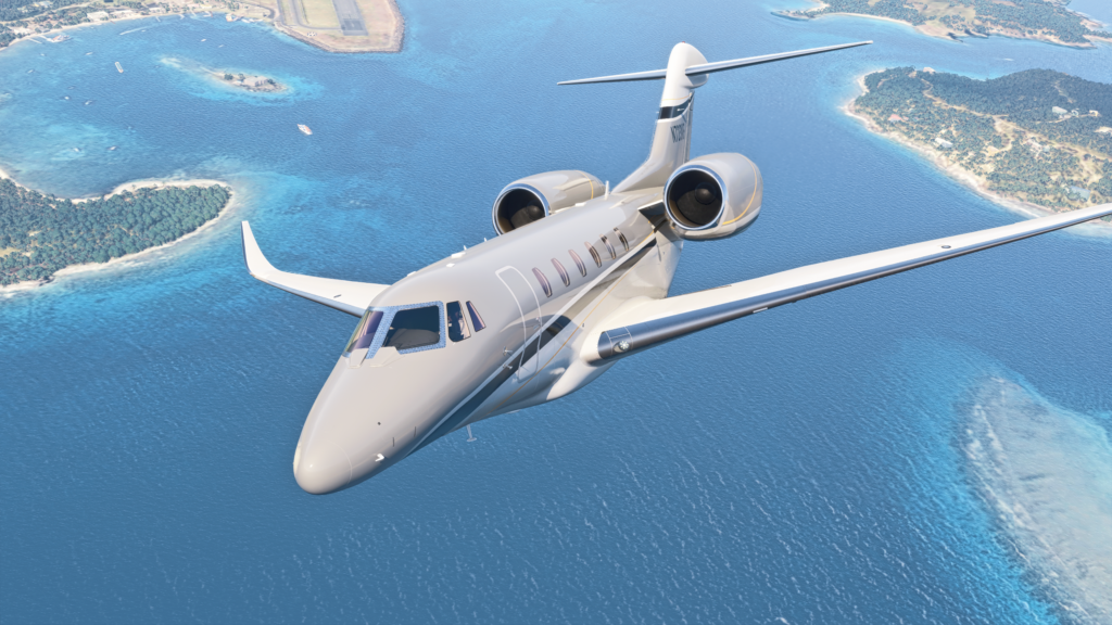 FlightFX Cessna Citation X in Microsoft Flight Simulator 2024 in flight over some tropical islands