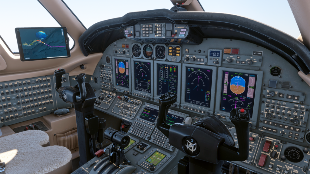 FlightFX Cessna Citation X in Microsoft Flight Simulator 2024 cockpit panel with map on EFB
