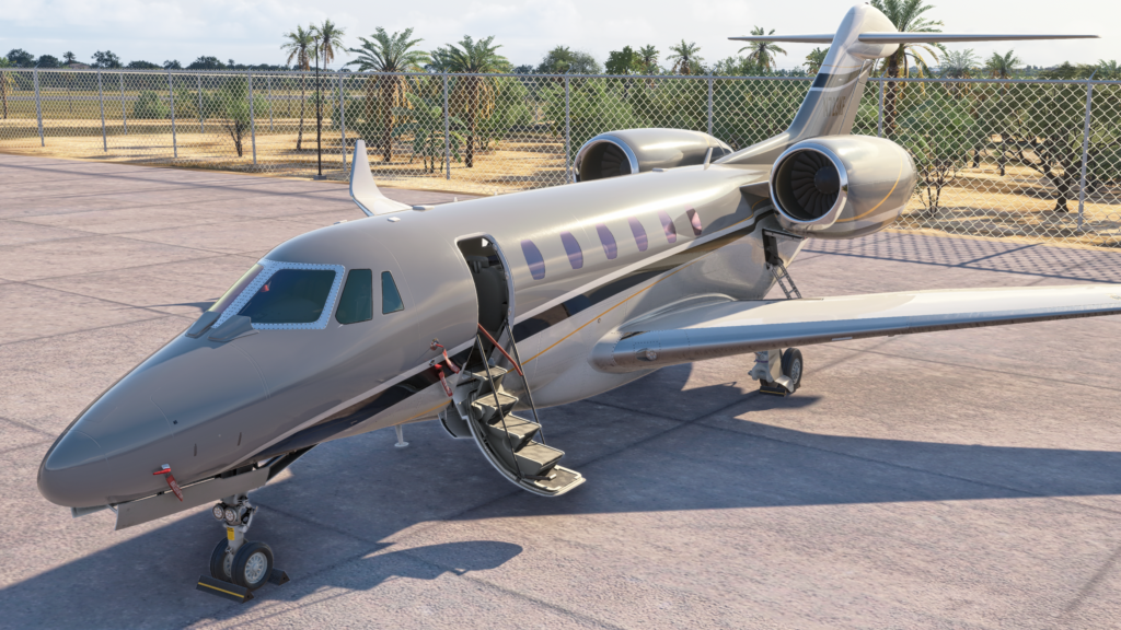 FlightFX Cessna Citation X in Microsoft Flight Simulator 2024 parked at an airport with passenger door open and covers applied to various sensors on the aircraft.