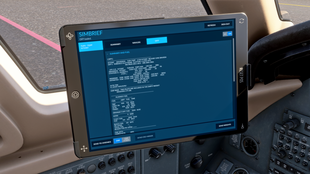 FlightFX Cessna Citation X in Microsoft Flight Simulator 2024 showing Electronic Flight Bag simbrief flight plan briefing