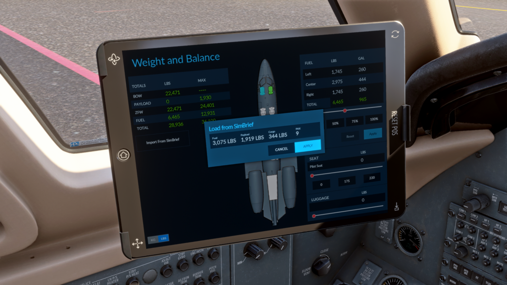 FlightFX Cessna Citation X in Microsoft Flight Simulator 2024 showing Electronic Flight Bag weight and balance page