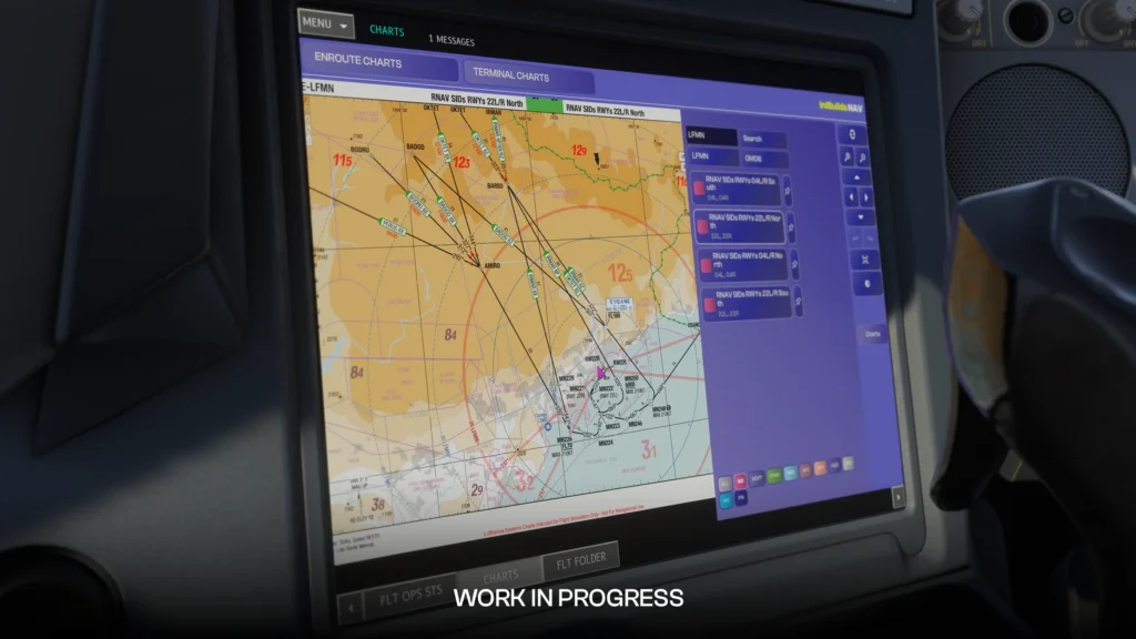 iniBuilds A380 Airliner onboard information system displaying Lido navigation charts