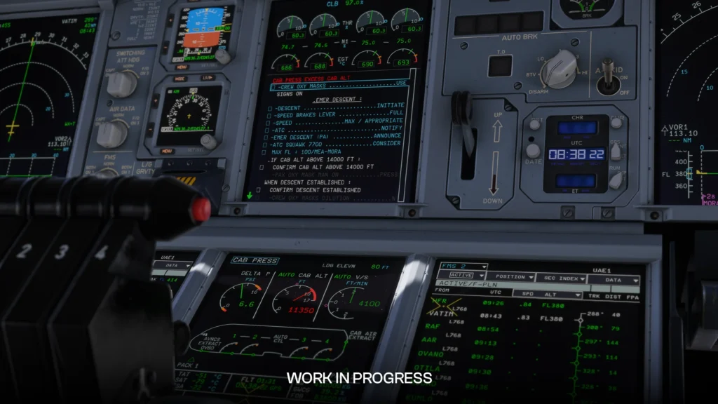 iniBuilds A380 Airliner cockpit showing a cabin pressurisation failure and ECAM procedure in MSFS 2024