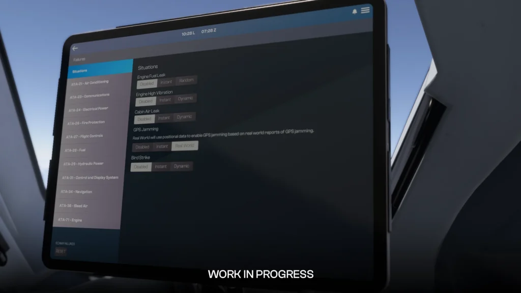 iniBuilds A380 Airliner EFB showing configurable failure and abnormal situation scenarios MSFS 2024