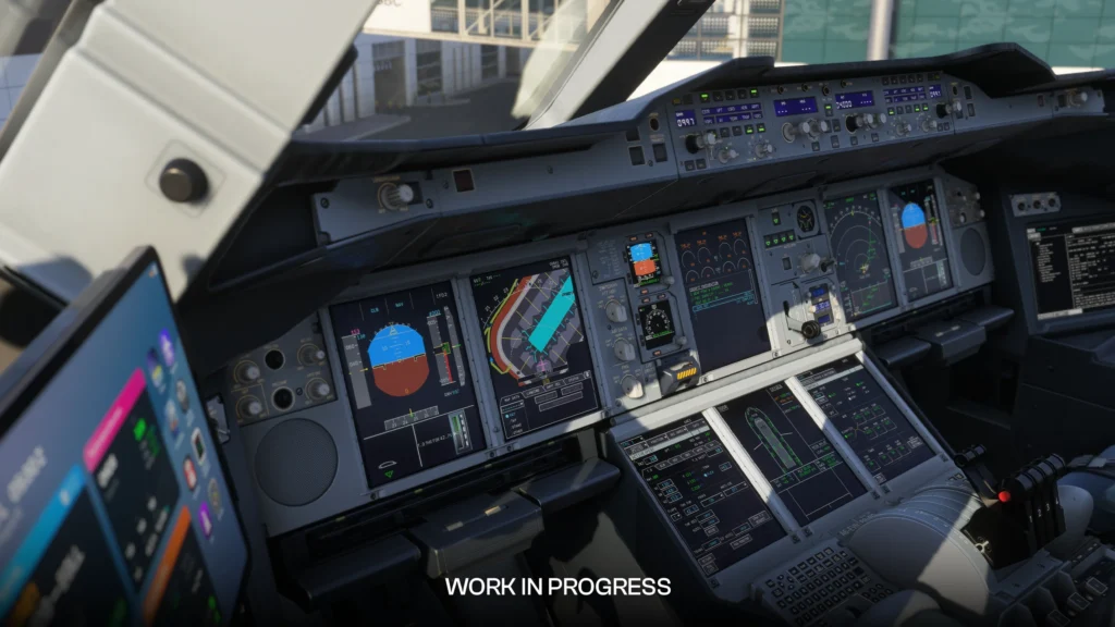 iniBuilds A380 Airliner flight deck showcasing cockpit displays and avionics in Microsoft Flight Simulator 2024