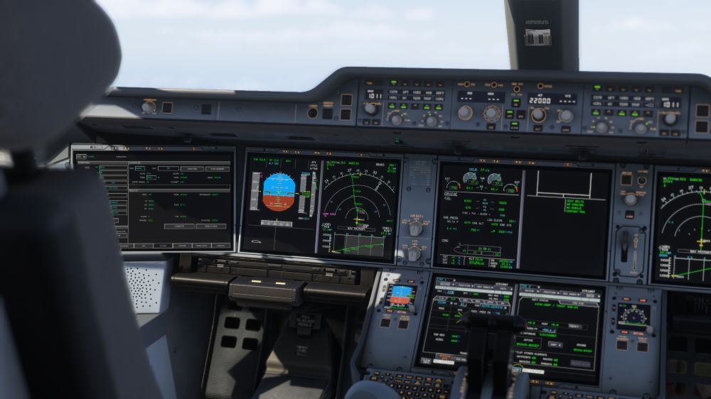 iniBuilds A350 V2 flight deck undergoing cockpit geometry and systems development for MSFS 2024