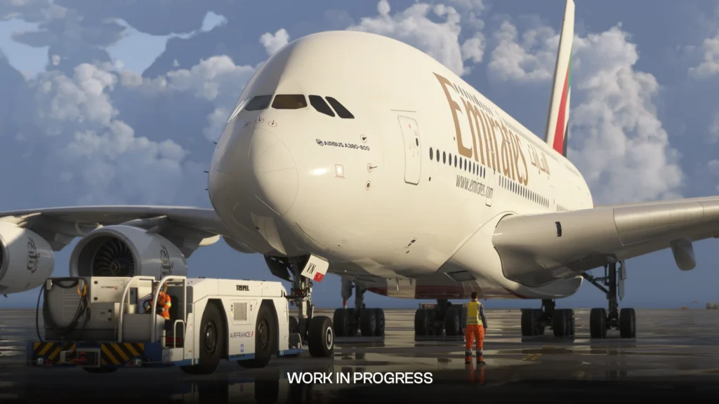 iniBuilds A380 Airliner in Emirates livery during ground operations in Microsoft Flight Simulator 2024
