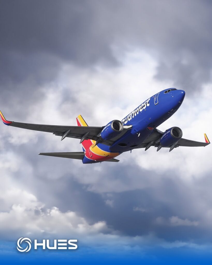 Southwest Airlines 737-700 flying on an overcast day