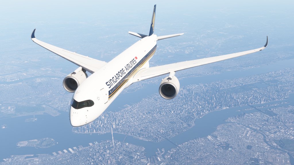MSFS 2024 Top 5 Airliners iniBuilds A350 exterior visible on descend to New York