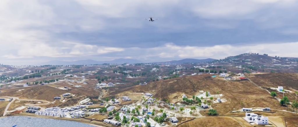 Elevated perspective of Mykonos island in X-Plane 12 on a cloudy day with an aircraft approaching the runway.