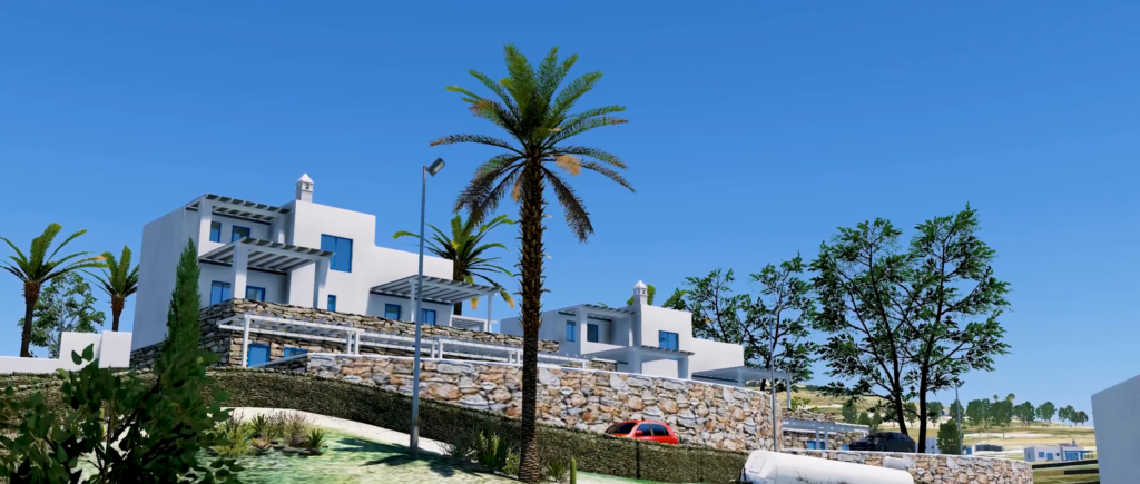White and blue building with unique architecture. Palm tree in foreground.