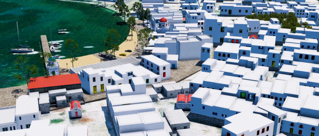 Overview of Mykonos Town in X-Plane 12.