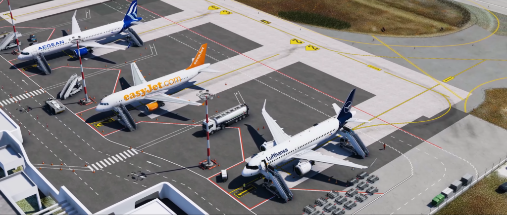 Top -down overview of Mykonos Airport apron in X-Plane 12 with several aircraft parked.