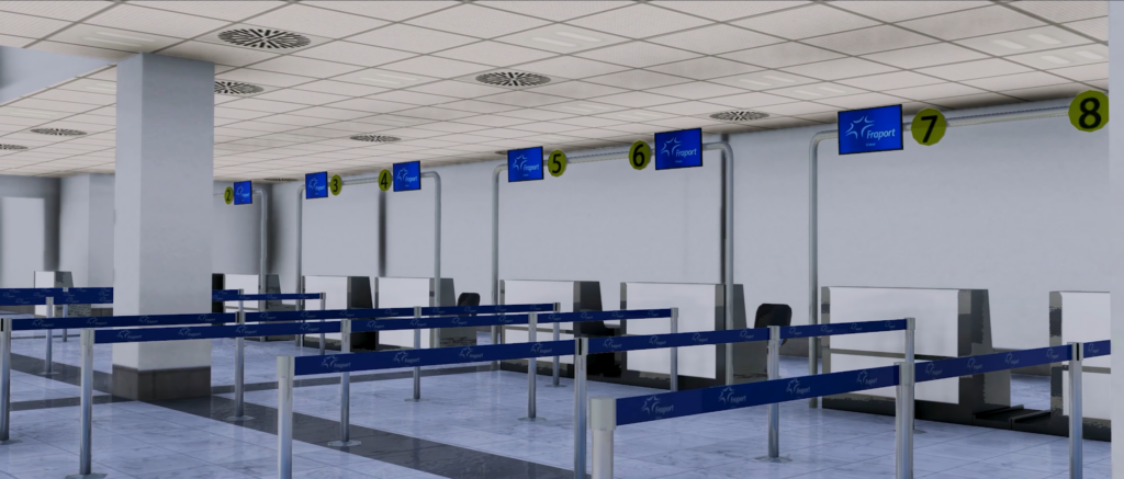 Mykonos Airport terminal check in area in X-Plane 12.