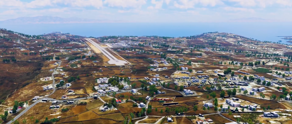Overview of Mykonos Airport and surrounding area in X-Plane 12