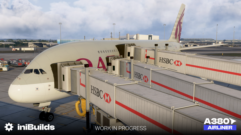 iniBuilds A380 Airliner in Qatar Airways livery connected to multiple jetways in MSFS 2024
