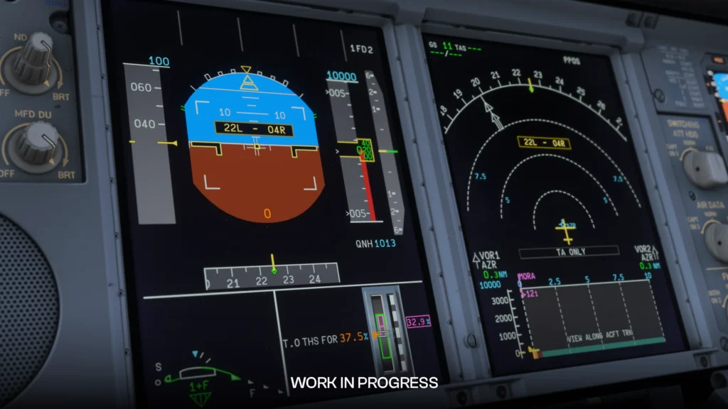 iniBuilds A380 Airliner primary flight and navigation displays with Vertical Situation Display in MSFS 2024