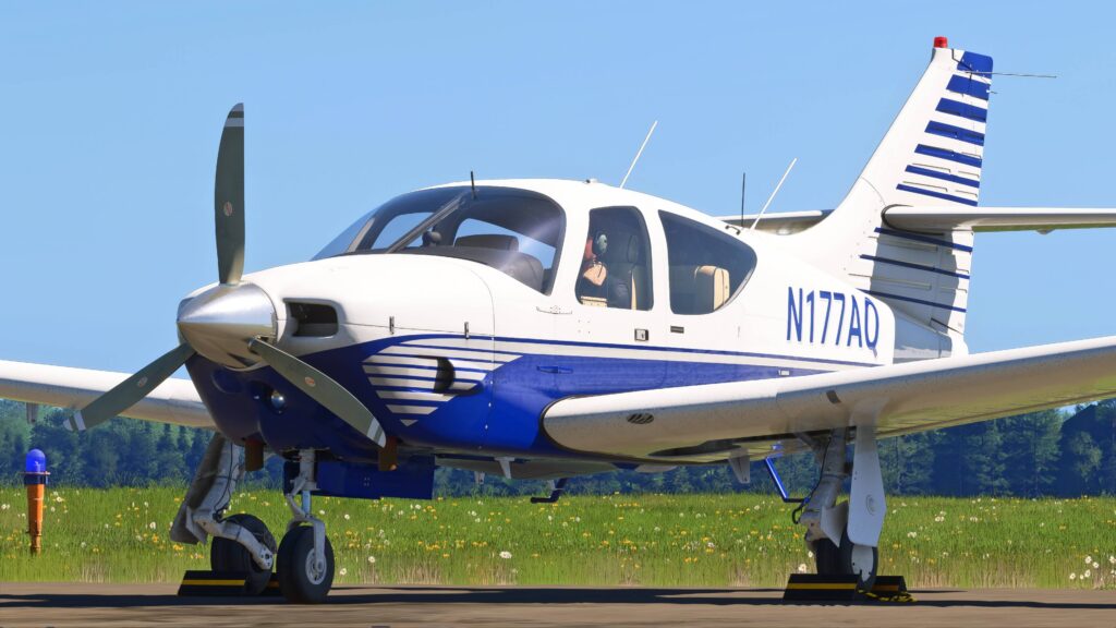 A rendition of the Rockwell Commander parked at the apron in Microsoft Flight Simulator. 