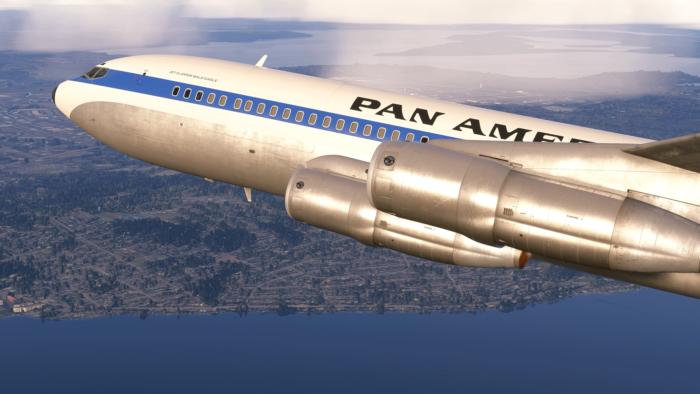 A rendition of the Boeing 707 in Microsoft Flight Simulator 2024 developed by Microsoft, iniBuilds, and Working Title.