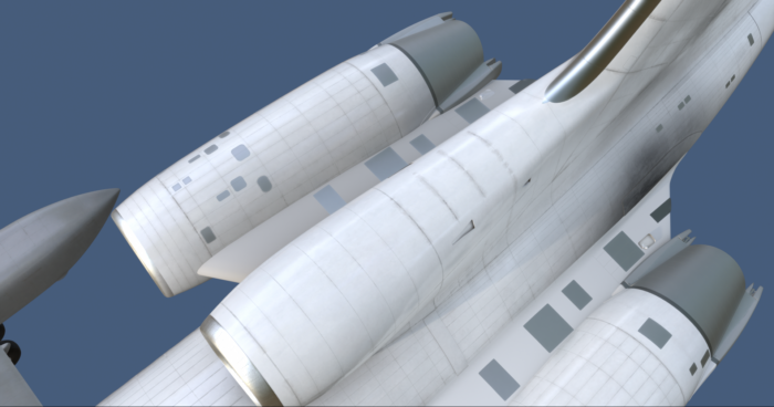 A rendition of the Tupolev Tu-154M's tail section and engine mount developed by FlightSim Studios for Microsoft Flight Simulator 2024.