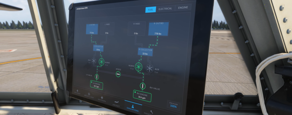 Project MAX C212-200 EFB displaying the aircraft fuel system in Microsoft Flight Simulator