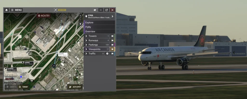chaseplane's spotting interface is shown in action looking at an air canada a320 on the runway