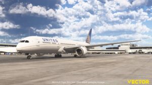 A rendition of the Boeing 787-9 in Microsoft Flight Simulator 2024 developed by Vector Sim.
