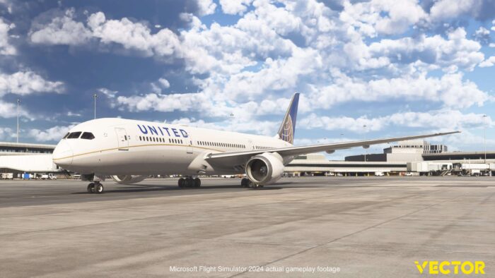A rendition of the Boeing 787-9 in Microsoft Flight Simulator 2024 developed by Vector Sim.