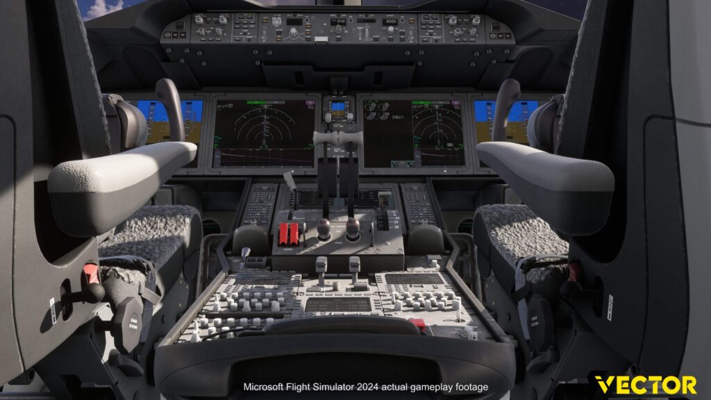 Cockpit view of the rendition of a Boeing 787-9 in MSFS2024 by Vector Sim.