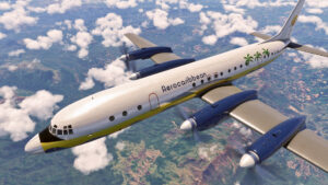 Nemeth Designs Ilyushin Il-18D in flight in flight simulator on a nice day with some clouds.