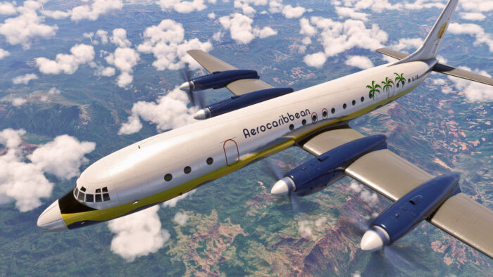 Nemeth Designs Ilyushin Il-18D in flight in flight simulator on a nice day with some clouds.