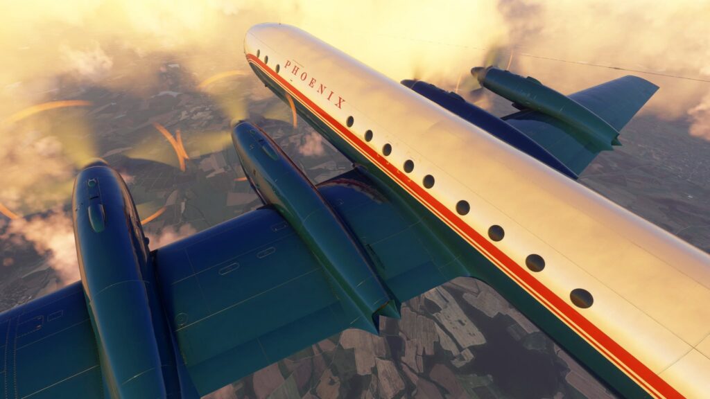 Nemeth Designs Ilyushin Il-18D in flight in Microsoft Flight Simulator on cloudy day.