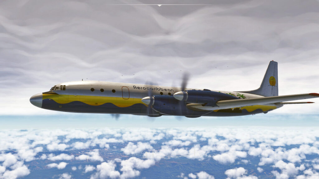 Nemeth Designs Ilyushin Il-18D in flight in Microsoft Flight Simulator 2024 on cloudy day.