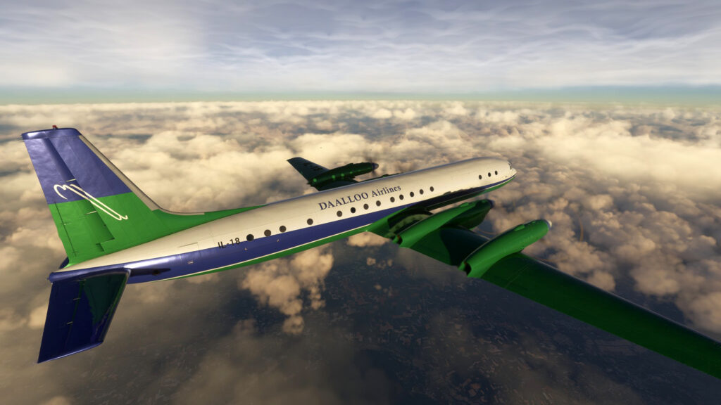 Nemeth Designs Ilyushin Il-18D in flight in Microsoft Flight Simulator 2024 on cloudy day.