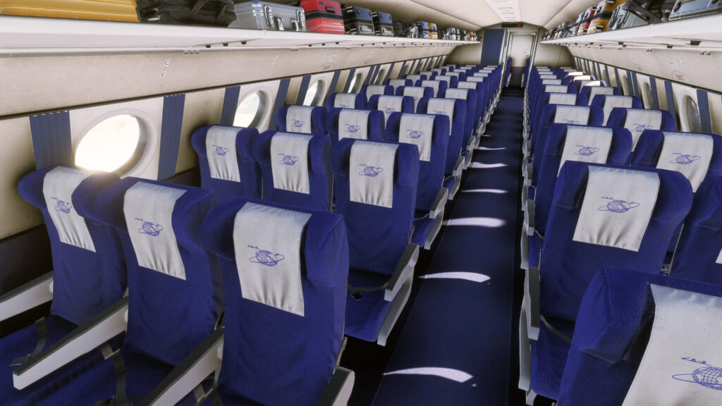 View of the passenger cabin of the Nemeth Designs Ilyushin Il-18D in Microsoft Flight Simulator 2024.