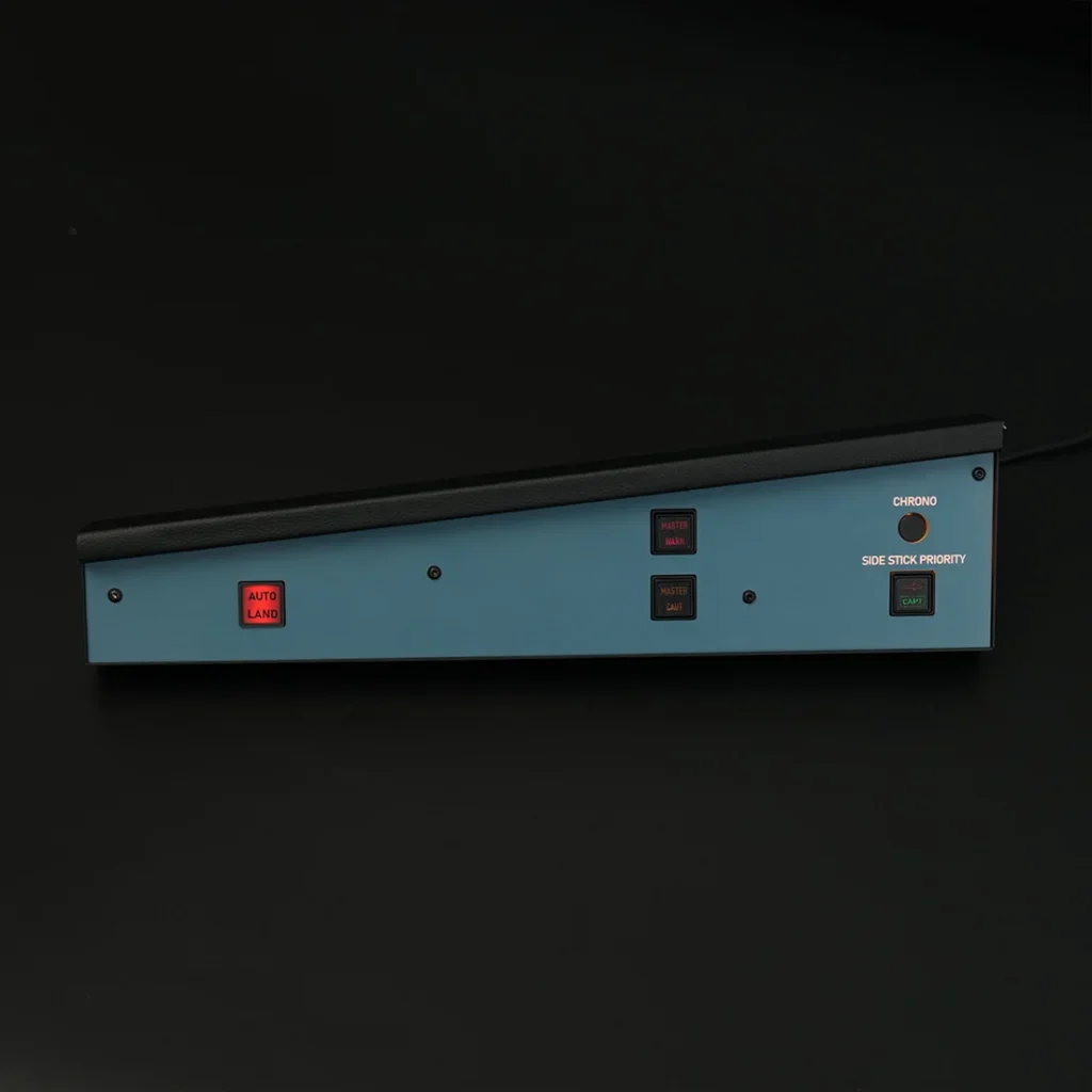 Front of left-sided Rowsfire A117 A320 Glareshield panel with one switch backlit.