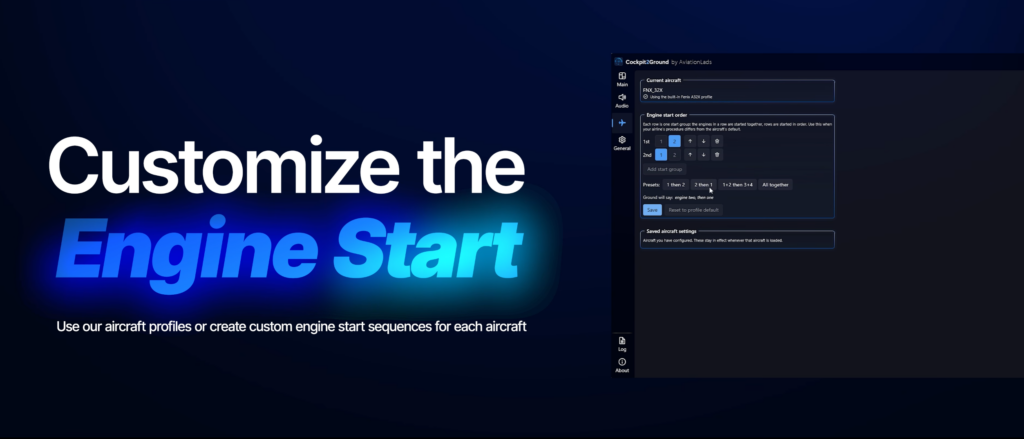 Cockpit2Ground engine-start settings for creating aircraft-specific start sequences