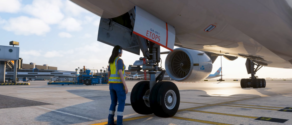 Female GSX ground agent wearing a headset beside a KLM aircraft in Microsoft Flight Simulator 2024