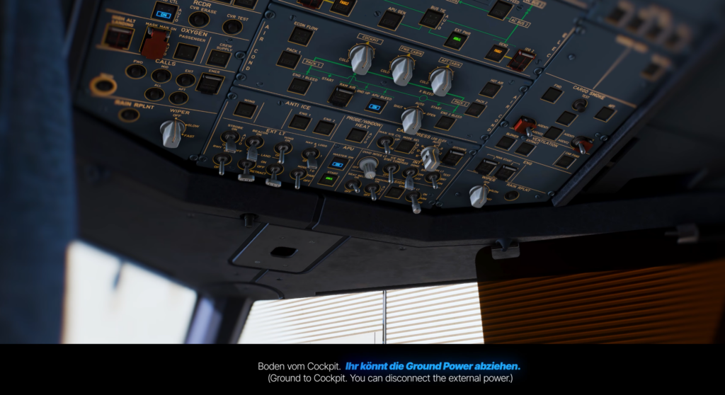 Aircraft overhead panel triggering a Cockpit2Ground request to disconnect external ground power