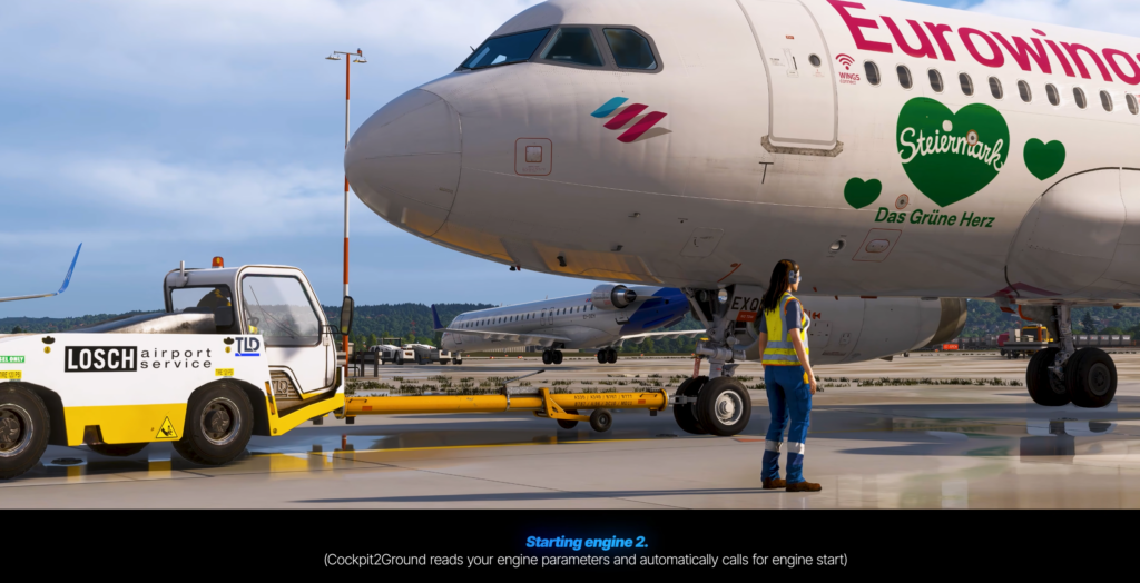 Cockpit2Ground monitoring an engine start during pushback on a wet airport apron