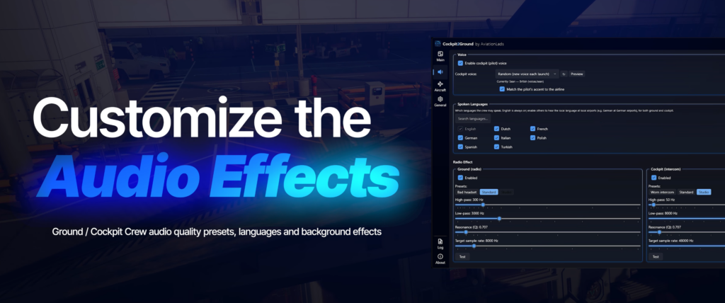 Cockpit2Ground audio panel with crew presets, languages and background sound controls