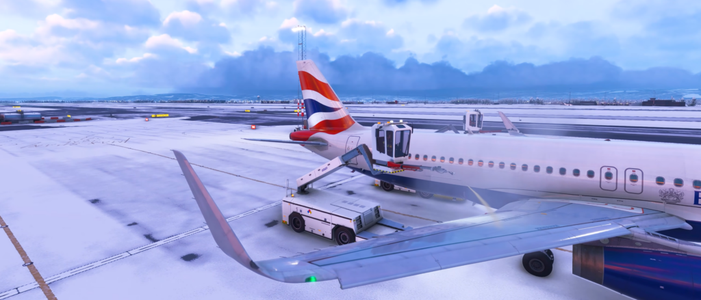 British Airways aircraft at a snowy stand during de-icing and anti-icing in Microsoft Flight Simulator 2024