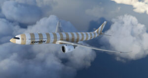 Headwind Simulations A339X Airbus A330-900neo in Condor livery flying above clouds in Microsoft Flight Simulator